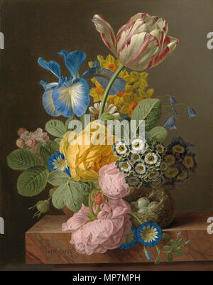 . Englisch: ein Stillleben von Rosen, eine Tulpe, eine Iris, morning glory, Apfelblüte, Glockenblumen, auriculas und Narzissen in einer Vase auf einem Felsvorsprung, mit ein Vogelnest. 1820. 697 Jan Frans van Dael 1820 Stockfoto