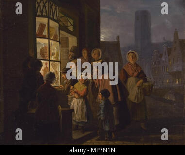 . Nederlands: De uitstalling van suikerwerk voor het Sint Nicolaasfeest, en gesigneerd gedateerd, 40,1 x 48 cm, Olie op paneel Englisch: Die Anzeige der Süßwaren für die Saint Nicolas Fest, signiert und datiert, 40,1 x 48 cm, Öl auf Leinwand. 1841. 698 Jan Hendrik van Grootvelt-De uitstalling van suikerwerk voor het Sint Nicolaasfeest Stockfoto