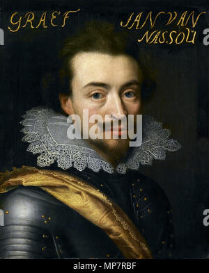 Portrait von VIII (1583-1638), Graf von Nassau-Siegen. Portrait von VIII (1583-1638), Graf von Nassau-Siegen. Teil der Serie von Leeuwarden, eine Serie von Portraits der Militärs aus dem 80 jährigen Krieg sowie Mitglieder des Hauses Oranien-Nassau, zuerst im Jahre 1633 dokumentiert in der Stadhouderlijk Hof (Stadholder's Court) in Leeuwarden (siehe Objekt Geschichte). ca. 1614-1633. 705 Jan VIII van Nassau-Siegen 1583-1638 Stockfoto