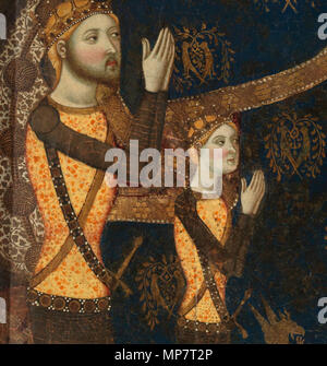 Madonna mit Kind. Español: Jaquetas doradas sobre el jubón y las calzas, sujetas por cinturón de los retratos de Enrique II de Castilla y su hijo El futuro Rey Juan I de Castilla (1358-1390), como donantes en El Cuadro de La Virgen Tobed, de Jaume Serra. Englisch: Detail von La Virgen de Tobed von Jaume Serra (1656), Museo del Prado, Madrid. [1]. 1. Februar 2016. 708 Jaquetas s. XIV. Stockfoto