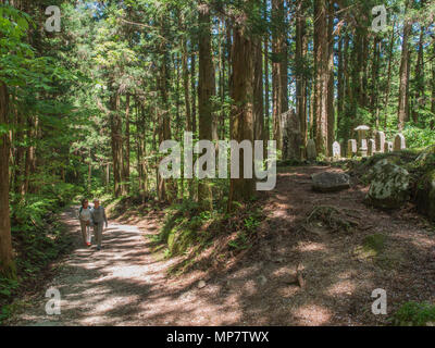 2 Wanderer Pass eine Gruppe von buddhistischen Statuen und Gedenksteine neben Nakasendo highway Trail zwischen Magone und Tsumago, Japan Stockfoto