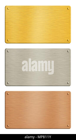 Schließen Sie bis zu drei Nieten metall Abzeichen Platten (Gold, Silber und Kupfer) auf weißem Hintergrund Stockfoto