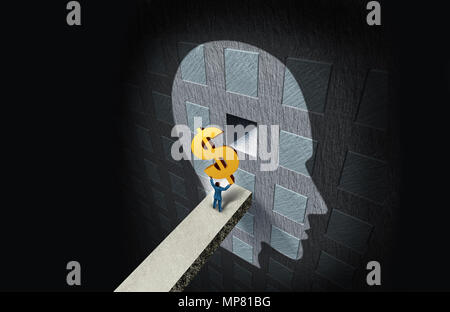 Wirtschaftspsychologie Konzept und Reichtum denken oder finanzielle Bildung und Psychiatrie oder Psychologe gebühren Symbol mit 3D-Illustration Elemente. Stockfoto