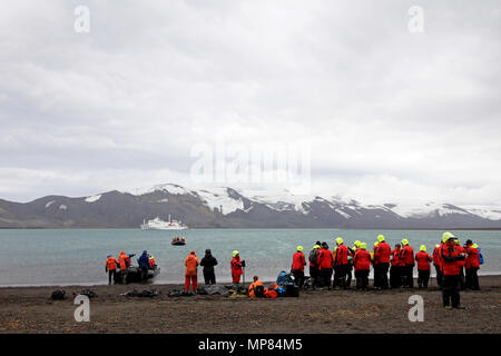 Gruppe von Personen bei Deception Island, Antarktis Stockfoto