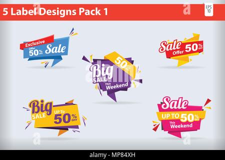 5 Verkauf Label Designs Banner, Aufkleber Pack 1 Vector Illustration Stock Vektor