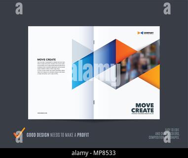 Abstract double-page Design Broschüre hexagon Stil mit blau orange bunte Dreiecke für das Branding. Business vektor Präsentation Breitseite. Stock Vektor