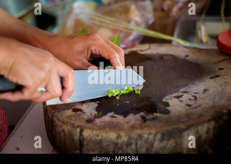 Die traditionelle Art der Zubereitung Gemüse Schichten mit Häckslermesser. Bild der traditionelle thailändische Küche aus frischen Zutaten. Stockfoto