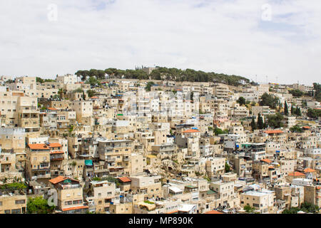 Ein Blick über den Bach Kidron, den dicht aufgebaut Hügel von Jerusalem aus der Schritte zu Hiskias Tunnel in die Stadt Jerusalem in Israel. Stockfoto