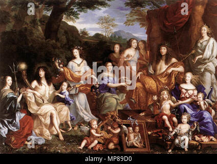 Französisch: Portrait mythologique de la Famille de Louis XIV mythologische Porträt der Familie von Louis XIV. Ludwig XIV. und seine Familie geschildert als römische Götter. 1670. 711 Jean Nocret - Die Familie von Louis XIV-WGA 16576 Stockfoto