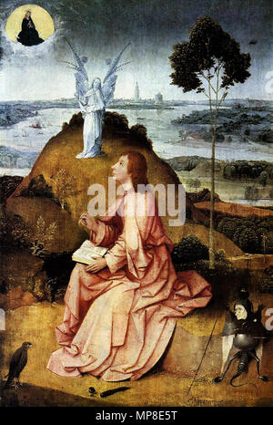 Der heilige Johannes der Evangelist auf Patmos. Alternative Titel (s): der heilige Johannes auf Patmos.[1] St. Johannes auf Patmos.[2]. Vor einer beidseitigen Malerei. Für den Rückwärtsgang, siehe Datei: Hieronymus Bosch Szenen aus der Passion (Voll).jpg. ca. 1489. 729 Johannes op Patmos Jeroen Bosch Stockfoto