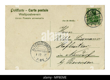 Rückseite des Alten Deutschen Postkarte (MN0MJG) schreiben in schwarzer Tinte geschrieben. Keel-Altenmedingen (Hannover), 1905, Deutschland Stockfoto