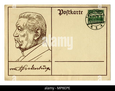 Alte Deutsche Post Card/Postkarte: bemalte Profil von Paul von Hindenburg mit seinem Autogramm, Briefmarke Tannenberg, Poststempel, 1932, Deutschland, Weimar Stockfoto