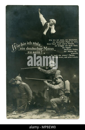 Alte deutsche Postkarte: Foto: Soldaten und Offiziere in voller Uniform und Gang schießen Gewehren. Der Text der patriotische Lied - Gedicht. der Erste Weltkrieg 1914-1918 Stockfoto