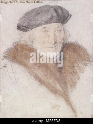 . Englisch: Portrait Studie von Sir John Mehr. Schwarze und farbige Kreide auf Papier, 35,4 x 27,6 cm, Royal Collection, Windsor. Sir John Mehr (1450/53 - 1530) war ein englischer Richter, der Vater von Sir Thomas More (1477/88 - 1535). Diese Zeichnung ist einer von sieben feinen überlebenden Studien von Holbein für seine Gruppe Portrait von Thomas More's Familie gezeichnet. Hier mehr trägt ein Kleid mit einem pelzkragen, aber in der Gruppe, Porträt, er trägt Roben der Richter. Nach Kunsthistoriker Foister Susan: "Die Zeichnung zeigt Holbeins tolle Anlage mit der Kreide mittel- und Variation der Note, von der schnellen Zickzack von t Stockfoto