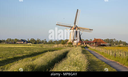 Niederländische historische Windmühle aus Holz mit kleinen Miller Haus und Radweg bei Sonnenuntergang im Sommer mit Blumen Stockfoto