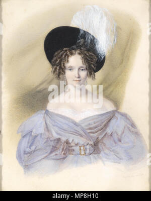 . English: Bildnis einer Dame mit Federhut. Signiert und datiert Josephine Krziwanek 1833, Aquarell auf Papier, 34 x 25 cm. 1833. 740 Josefine Krziwanek Bildnis einer Dame mit Federhut 1833 Stockfoto