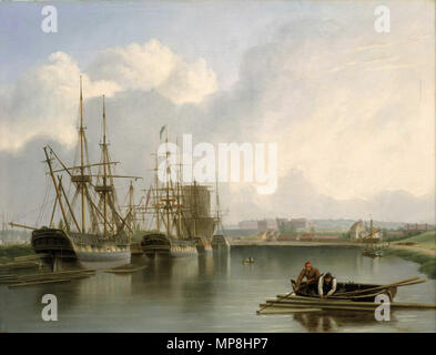 Versand aus Bristol. Englisch: ein Gemälde zeigen West Indiamen neben Bristol Docks am Avon. Das Schiff im Vordergrund auf der linken Seite ist entladen mit Holz aus Amerika. Einige der unbelastetem Holz schwimmt auf dem Wasser. Ein Mann kann sehen, stehend auf einem Haufen von schwimmenden Planken als einer von ihnen nach unten aus dem Schiff abgesenkt wird. Die Abbildung lehnt sich über den Stern, um den Prozess zu verwalten. Das Schiff kann mit ihrem Mast trat. Es gibt einen anderen Stapel der hölzernen Planken schwimmend auf der Steuerbordseite des Schiffes. Zwei Männer in einem Boot sind mit einer Stange und Haken ein kleiner Haufen von Pla zu fangen Stockfoto