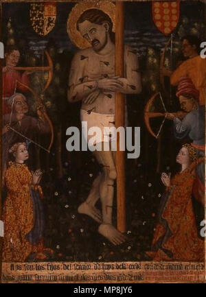 Martirio de San Sebastián. Español: La Obra Vertreter el Martirio de San Sebastián, y ein Ambos lados del mártir se hallan Los Encargados de ejecutarle verdugos y las figuras de Don orantes Gastón y Doña María de la Cerda, Hijos De Luis de la Cerda, El tercer Conde de Medinaceli, ein Los que se alude en la inscripción al Pie de la Escena. En la parte Superior se disponen dos Escudos con Las Armas de La Casa de Pancho y de los Sarmiento respectivamente. . Zwischen ca. 1429 und ca. 1430. 748 Juan de Peralta - martirio de San Sebastian Stockfoto