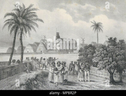 . Englisch: Vue d'une rue d'Honoloulou, Capitale des Iles Sandwich. La Reine Kinau revient du Temple Des Etrangers accompagnee de ses Dames d'Honneur. (21,5 x 29,8 cm). Ein wunderbares Bild von Hawaii von der französischen Künstlerin Masselot von der Reise der Venus während 1836-39, Lithographiert von Bichebois und von Thierry Brüder veröffentlicht. 1837. Louis-Jules Masselot (1815-1879) 765 Kinau Rückkehr von Kirche Stockfoto