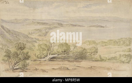 . King George's Sound, Blick vom Peak Kopf, eine 15,7 x 27 cm Stift-und-wash 1801 Feld Skizze von William Westall. Es zeigt König George Sound an der Westküste von Western Australia. Genauer gesagt, es ist ein Blick nach Norden - Nordwesten von Peak Kopf, über Torndirrup und Vancouver Halbinsel in Richtung Festland. Die Büsche im Vordergrund sind wahrscheinlich Anthocercis viscosa (links) und Banksia verticillata (Mitte). Dieses Feld Skizze wurde die Grundlage für die westall's 1809 - 1812 Öl auf Leinwand Malerei Teil von König George III Sound, an der Südküste von New Holland, Dezember 1801, die später engrav Stockfoto