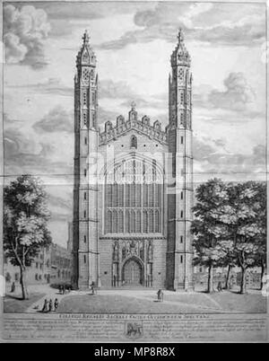 . Englisch: Blick auf die Westfassade des King's College Chapel, Cambridge von David Loggan, veröffentlicht 1690. 1690. David Loggan (1634 - 1692) Beschreibung englischer Künstler und Graveur Geburtsdatum / Tod August 1634 Juli 1692 Ort der Geburt / Tod in Danzig London Authority control: Q 5236742 VIAF: 88085606 ISNI: 0000 0001 1856 4291 ULAN: 500030441 84133161 LCCN: n GND: 131599224 WorldCat 766 King's College Chapel, Cambridge, West Front durch Loggan 1690 - heatons cambs 5 Könige Stockfoto