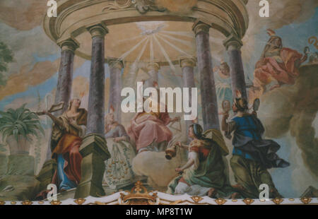 . Kloster Schussenried, Bibliothekssaal, Deckenfresko (Detail) (1761): 7 Gaben des Heiligen Kulturkampf-these - Spiritus sapientiae (Dreieck mit JHWH), Spiritus intellectus (Brennglas, Adler), Spiritus (consilii Kopf zwischen 2 Spiegeln), Spiritus (fortitudinis Eselskinnbacken), Spiritus scientiae (Skizze mit Mondphasen), Spiritus pietatis (timoris Rauchfass), Spiritus Domini (abwehrende Handbewegung). 12. Juni 2003. Franz Georg Hermann (1692 - 1768) Alternative Namen Herrmann, Hörmann Beschreibung Deutsche Maler Geburtsdatum / Tod 29. Dezember 1692 25. November 1768 Ort der Geburt / Todes Kempte Stockfoto