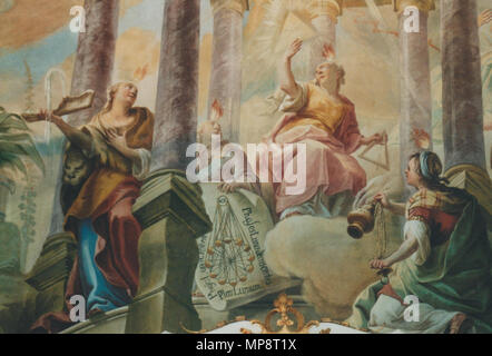 . Kloster Schussenried, Bibliothekssaal, Deckenfresko (Detail) (1761): 7 Gaben des Heiligen Kulturkampf-these - Spiritus sapientiae (Dreieck mit JHWH), Spiritus (fortitudinis Eselskinnbacken), Spiritus scientiae (Skizze mit Mondphasen), Spiritus pietatis (Rauchfass). 12. Juni 2003. Franz Georg Hermann (1692 - 1768) Alternative Namen Herrmann, Hörmann Beschreibung Deutsche Maler Geburtsdatum / Tod 29. Dezember 1692 25. November 1768 Ort der Geburt / Todes Kempten Kempten Authority control: Q 1446907 VIAF: 18023699 ISNI: 0000 0000 8204 1033 ULAN: 500057555 LCCN: Nr. 2008067001 GND: 119073129 WorldC Stockfoto