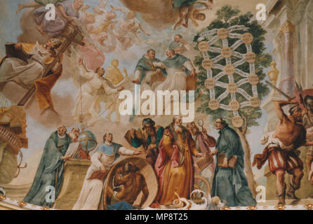 . Kloster Schussenried, Bibliothekssaal, Deckenfresko (Detail) (1761): Personengruppe mit Philosophen, dem Baum des Porphyrius und dem "Fliegenden Chorherrn'aus Schussenried. 12. Juni 2003. Franz Georg Hermann (1692 - 1768) Alternative Namen Herrmann, Hörmann Beschreibung Deutsche Maler Geburtsdatum / Tod 29. Dezember 1692 25. November 1768 Ort der Geburt / Todes Kempten Kempten Authority control: Q 1446907 VIAF: 18023699 ISNI: 0000 0000 8204 1033 ULAN: 500057555 LCCN: Nr. 2008067001 GND: 119073129 WorldCat von Hermetiker 769 Kloster Schussenried 36 fotografiert. Stockfoto