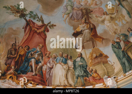 . Kloster Schussenried, Bibliothekssaal, Deckenfresko (Detail) (1761): reichsprälat Nikolaus Wierith 1686 in Versailles 5/6 einer Audienz beim Sonnenkönig Ludwig XIV. 12. Juni 2003. Franz Georg Hermann (1692 - 1768) Alternative Namen Herrmann, Hörmann Beschreibung Deutsche Maler Geburtsdatum / Tod 29. Dezember 1692 25. November 1768 Ort der Geburt / Todes Kempten Kempten Authority control: Q 1446907 VIAF: 18023699 ISNI: 0000 0000 8204 1033 ULAN: 500057555 LCCN: Nr. 2008067001 GND: 119073129 WorldCat von Hermetiker 769 Kloster Schussenried 35 fotografiert. Stockfoto