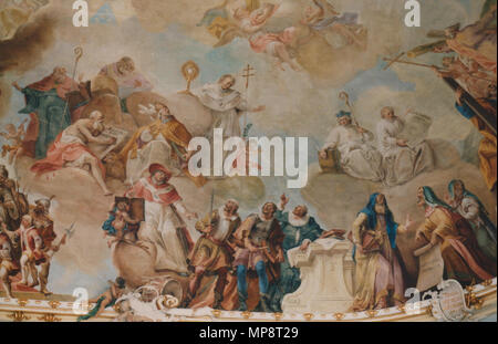 . Kloster Schussenried, Bibliothekssaal, Deckenfresko (Detail) (1761): Personengruppe mit dem heiligen Norbert und den vier lateinischen Kirchenvätern. 12. Juni 2003. Franz Georg Hermann (1692 - 1768) Alternative Namen Herrmann, Hörmann Beschreibung Deutsche Maler Geburtsdatum / Tod 29. Dezember 1692 25. November 1768 Ort der Geburt / Todes Kempten Kempten Authority control: Q 1446907 VIAF: 18023699 ISNI: 0000 0000 8204 1033 ULAN: 500057555 LCCN: Nr. 2008067001 GND: 119073129 WorldCat von Hermetiker 769 Kloster Schussenried 38 fotografiert. Stockfoto