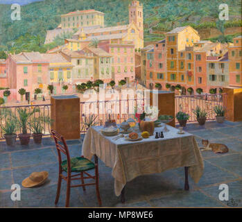 . 1900. 776 Kristian Zahrtmann, mit frokostbord ich Portofino, 1900, RKMm 0599, Ribe Kunstmuseum Stockfoto