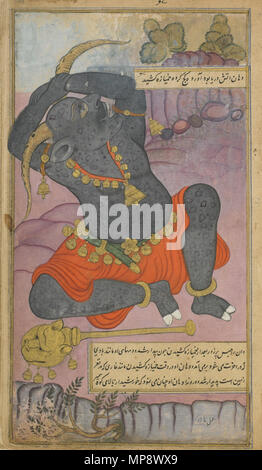 . Englisch: olio aus dem Ramayana von Valmiki Ramayana (Freier), Vol. 2, Folio 208, recto: Kumbhakarna gähnt, wie er aus dem Schlaf erweckt wird; Verso: Text 1597-1605 Nadir (Bihhud), (Indische, Mughal dynasty Opak Aquarell, Tinte und Gold auf dem Papier H: 27,5 W: 15,2 cm Nordindien Geschenk des Charles Lang Freer F 1907.271 .208. zwischen 1597 und 1605. Nadir (Bihhud), (Indische, Mughal dynasty 778 Kumbhakarna gähnt, wie er aus dem Schlaf geweckt wird; Stockfoto