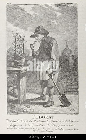 . Englisch: L'Ordorat, Radierung von Le Bas nach David Teniers der Jüngere, aus dem Kabinett von Madame la Comtesse de Verrue... [Rue de la Harpe]... 1736. Jacques-Philippe Le Bas nach David Teniers der Jüngere 781 L'Odorat Le Bas nach D. Teniers Stockfoto