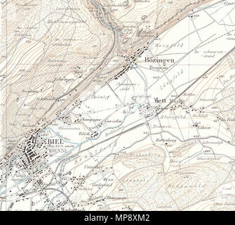 . English: Ausschnitt aus dem Topographischen Atlas der Schweiz (Siegfriedkarte), Blatt Biel, 1876. 1876. Eidgenössisches Stabsbureau (heute Bundesamt für Landestopografie) 1119 Siegfriedkarte Biel 1876 Stockfoto