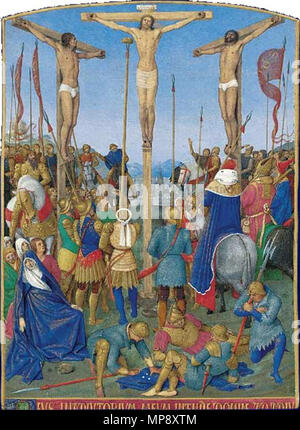 Français: La Kreuzigung, Miniatur des Heures d'Étienne Chevalier. Français: Le Christ est en Croix, à qui l'ont neigen, l'éponge et entouré des Deux larrons. Ein ses pieds, des soldats, Pilatus et le grand Prêtre à cheval sind tournés vers Lui. Un Groupe de Soldats aux Dés jouent le Manteau du Christus en Bas à Droite. En Bas à gauche, la Vierge est effondrée dans les Bras de Saint Jean. . Ca. 1452-1460. 783 La Kreuzigung Stockfoto