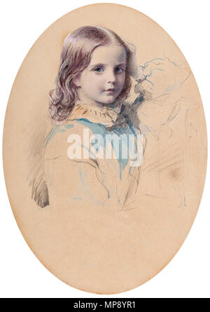 . Englisch: 'Alice 9' jahren. Alice Charlton (1852-1929) später Frau Lewis Ayshford-Wise. Bleistift, Aquarell und Gouache. Provenienz: von der Familie Abstieg. Oval 10,25 x7,5 Zoll. 1861 oder 1862. Édouard Lacretelle (1817-1900) Alternative Namen Edouard Lacretelle; Jean-Édouard Lacretelle; Jean Edouard Lacretelle; Jean Édouard Lacretelle Beschreibung Französische Maler Geburtsdatum / Tod vom 4. Juni 1817 Vom 3. Mai 1900 Ort der Geburt / Todes Forbach 16. arrondissement von Paris Authority control: Q 3579919 VIAF: ULAN: 500007741 63873840 LCCN: 92032512 SUDOC Nr: 182090027 RKD: 47287 WorldCat 788 Lacretelle - Stockfoto