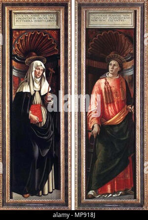 . GHIRLANDAIO, Domenico (b. 1449, Firenze, d. 1494, Firenze) Hl. Katharina von Siena und die hl. Laurentius 1490-98 Tempera auf Holz, Alte Pinakothek, München Das Bild zeigt zwei Flügel der Pala Tornabuoni von Ghirlandaio Werkstatt ausgeführt und wahrscheinlich nach dem Tod von Ghirlandaio beendet. 15. Jahrhundert. Domenico Ghirlandaio (1448-1494) Alternative Namen Geburt Name: Domenico Di Tommaso Bigordi; Domenico Currado Bigordi; Domenico Ghirlandajo; Domenico Grilleandajo Beschreibung italienischer Maler Geburtsdatum / Tod 1449 11. Januar 1494 Ort der Geburt / Tod Florenz Florenz Arbeitsort S Stockfoto