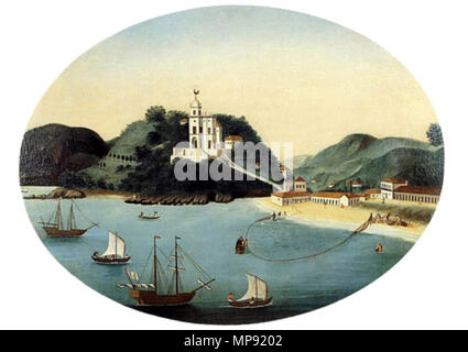 Englisch: Blick auf die Kirche von der Herrlichkeit (Igreja da Glória) in Rio de Janeiro, Brasilien Português: Vista da Igreja e Praia da Glória circa 1790. 799 Leandro Joaquim-Gloria Stockfoto