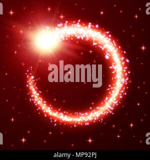 Ein heller Komet mit Staub und Gas weg. Glühende comet Rahmen auf dem Roten Platz Sternenhimmel als Hintergrund Nachthimmel. Lichtblitz galaktische Nebel. Kometenschweif mit glitter Partikeln. Kosmische Vector Illustration Stock Vektor