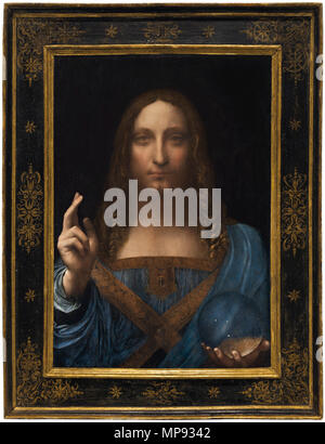 Salvator Mundi. Ein Gemälde vor kurzem authentifiziert die Arbeit von Leonardo da Vinci. Der alvator Mundi, "dating um 1500, in der National Gallery wird im Herbst als Teil einer größeren Ausstellung über die Renaissance Künstler, die Londoner Museum sagte Montag, den 11. Juli 2011. Es zeigt eine halbe Länge Figur Christi mit einer Hand in Segen und andere Holding ein Orb angehoben. ca. 1500. 803 Leonardo da Vinci oder Boltraffio (attrib) Salvator Mundi ca. 1500 Stockfoto