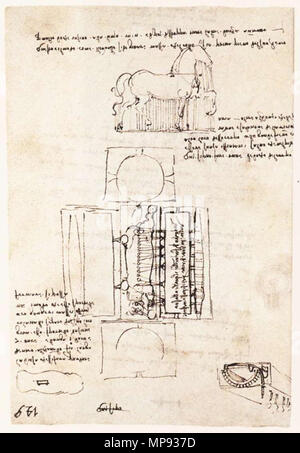 . LEONARDO da Vinci Manuskript Seite auf der Sforza Monument, Feder und Tusche auf Papier, 21 x 15 cm Biblioteca Nacional, Madrid. ca. 1493. Siehe Dateiname oder Kategorie 803 Leonardo da Vinci, Manuskript Seite auf der Sforza Denkmal Stockfoto