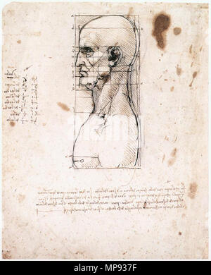 Englisch: Männlich Kopf im Profil mit Proportionen. Männliche Kopf im Profil mit Proportionen. ca. 1490. 803 Leonardo da Vinci, männlichen Kopf im Profil mit Proportionen Stockfoto