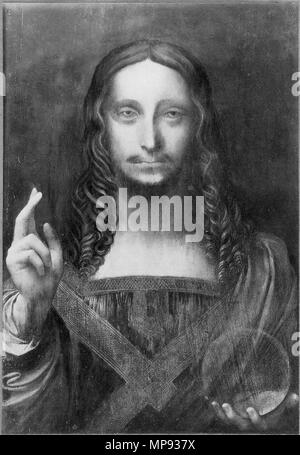 Salvator Mundi. Leonardo da Vinci, Salvator Mundi. (Schwarz und Weiß) fotografische Reproduktion der Gemälde wurde bei Christie's New York, November 15, 2017, für $ 450,3 Mio. verkauft und ist somit das teuerste Gemälde jemals verkauft. ca. 1500. 803 Leonardo da Vinci, Salvator Mundi vor der Restaurierung (schwarz und weiß), Koch Kollektion Stockfoto