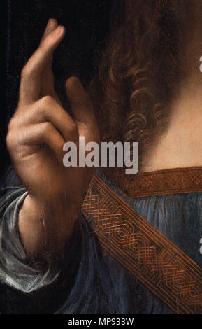 Salvator Mundi (Detail der rechten Hand-, Haar- und Renaissance Kleid). Leonardo da Vinci, Salvator Mundi. Das Gemälde wurde bei Christie's New York, November 15, 2017, für $ 450,3 Mio. verkauft und ist somit das teuerste Gemälde jemals verkauft. ca. 1500. 804 Leonardo da Vinci, Salvator Mundi, Detail der rechten Hand Stockfoto