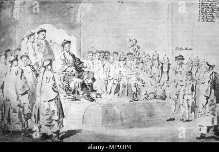 . Herr Macartney Botschaft in China 1793. Macartney's erste Begegnung mit Qianlong. Der Junge auf der rechten Seite ist die 11-jährige George Staunton, die der Kaiser mit seinem das gesprochene Chinesisch beeindruckt. 1793. William Alexander. 818 LordMacartneyEmbassyToChina 1793 Stockfoto