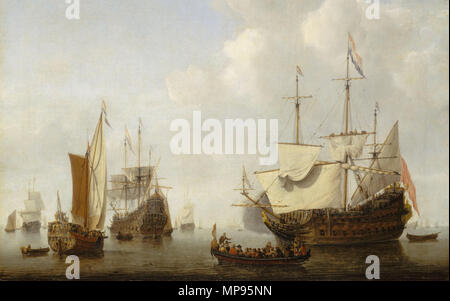 . Englisch: 7/8-Version des ursprünglichen auch in Commons; Teil des Himmels entfernt. . 1658. 1261 Willem van de Velde die Jüngeren - ein Holländisches Flaggschiff zu Anker mit einer Staaten Yacht vor einem "Light-air-7/8 Stockfoto