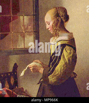 English: Brieflesendes Mädchen am offenen Fenster, Detail Englisch: Mädchen lesen einen Brief an ein offenes Fenster, detail Nederlands: Lezend meisje bij het venster, Detail ca. 1658. 705 Jan Vermeer van Delft 003 Fragment Stockfoto