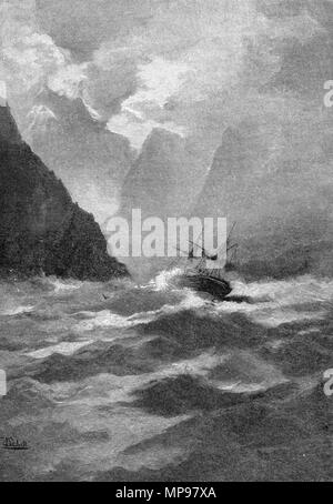 Gravur einer Segelschiff navigieren die verräterische Eingang zum Milford Sound, Fjordland, Neuseeland. Von der malerischen Atlas von Australasien Vol. 3, 1886 Stockfoto