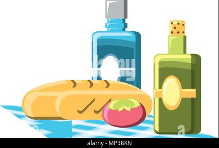 Picknick mit Brot und Wasser und Wein Flasche mit weißem Hintergrund, Vector Illustration Stock Vektor