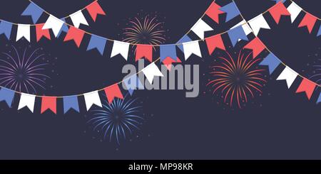 Nahtlose Girlande mit Feier Flaggen Kette, weißen, blauen, roten Fähnchen und begrüssen auf dunklem Hintergrund, Fußzeile und Banner Feuerwerk Stock Vektor